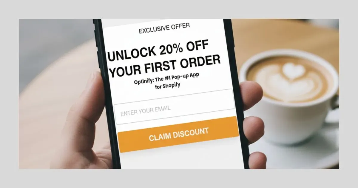 Hand holding a smartphone displaying a 20% off discount popup with an email signup form and a large orange button.